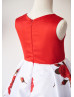 Red Printed Satin Pearl Embellished Knee Length Flower Girl Dress 